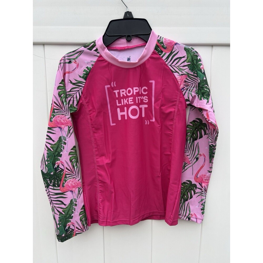 Juice Box Girls Rash Guard Sun Shield Swim Tee Large 12-14 Pink Tropical